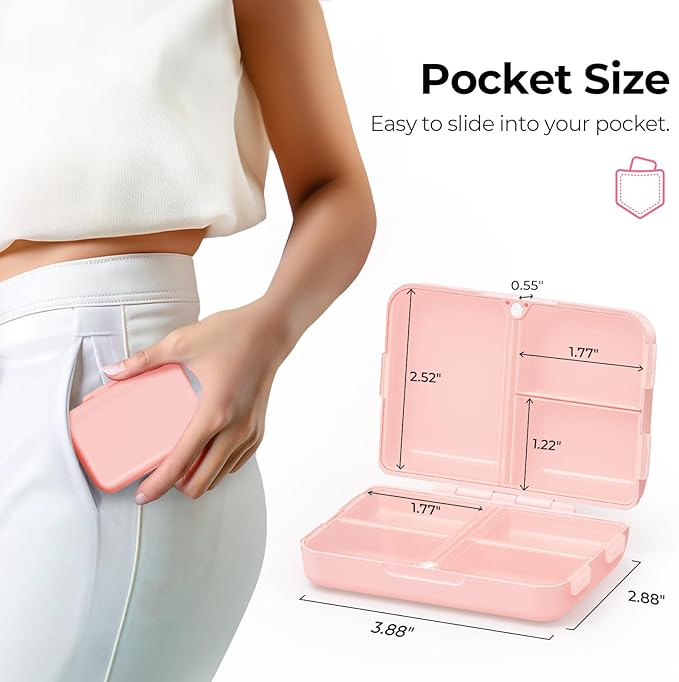 AUVON Daily Pill Organizer Fit with Your Purse or Pocket, Compact Travel Pill Box Case with Slim Folding Design and Long-Lasting Hinges to Hold Vitamin, Fish Oil, Supplement or Jewelry(Pink)