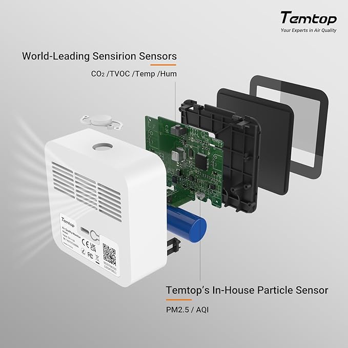 Temtop M10+ Indoor Air Quality Monitor & CO2 Meter for Home, 6-in-1 PM2.5 & VOC Detector, E-Ink Display, Battery Powered 60-Day Quiet Bedroom Air Pollution Monitor, App Temperature & Humidity Sensor