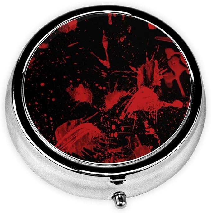 Round Pill Case Pill Box with Mirror Silver Pocket 3 Compartment Medicine Case Vitamin Pill Organizer for Pocket Purse and Travel Gifts, Classic Horror Blood Splatter Black Red