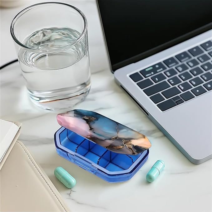 This Portable Abstract Marble Pattern 6 Compartment Pill Box Can Be Placed in A Pocket Or Wallet to Store Vitamins, Medicines Health Supplements Other Medications.