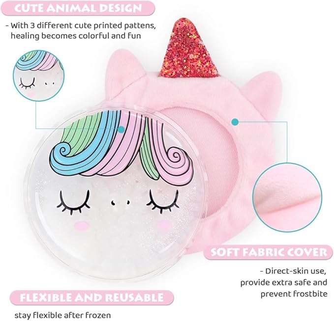 Hilph Kids Ice Packs for Boo Boos, Reusable Gel Cold Packs for Toddlers Injuries, 3 Pcs Hot & Cold Compress with Cute Plush Sleeves for Pain Relief, Fever, Wisdom Teeth, First Aid, Bumps (Unicorn)