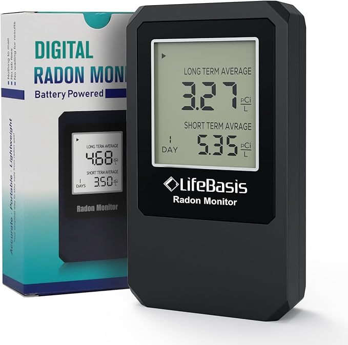LifeBasis Radon Detector, Radon Test for Home with Long and Short Term Radon Meter, Home Radon Gas Monitor US Version-pCi/L (Update Version, Matte Black)