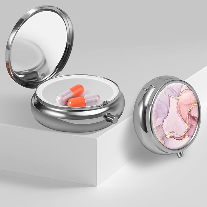 Mini Pill Box, Small Pill Box, Portable Pill Box, Cute Pill Organizer for Vitamins, Medications, Fish Oil and Supplements (Pink Marble)