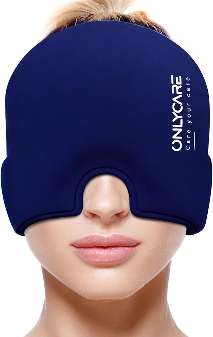 ONLYCARE Migraine Relief Cap, Upgraded Odorless Headache Relief Cap Mask Products, 360° Gel Surround Cooling Ice Pack Mask Head Wrap for Tension, Migraine, Sinus, Stress, Headaches, Hangover, Blue
