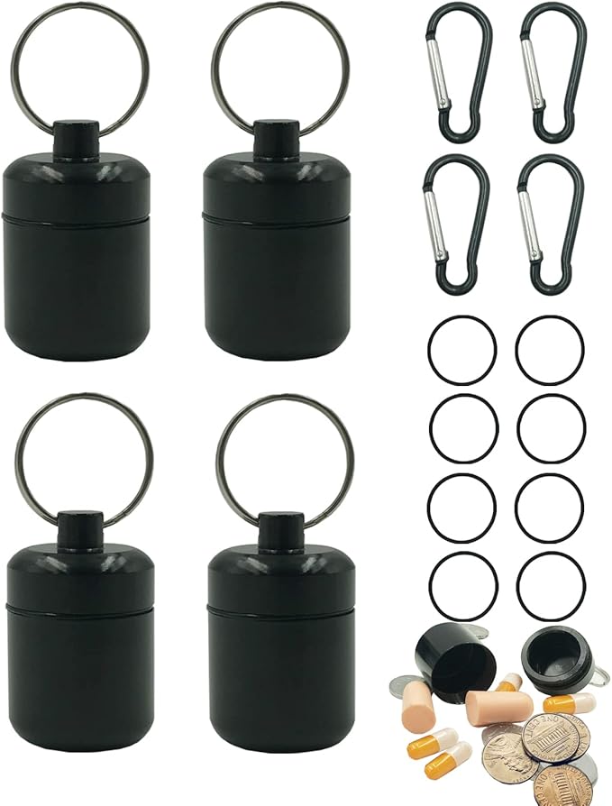 4 Pieces keychain pill holder,Waterproof Seal Small Pill Box Mountaineering Keychain Portable Aluminum Alloy Pill Container Portable Coin Storage earplug case (black)