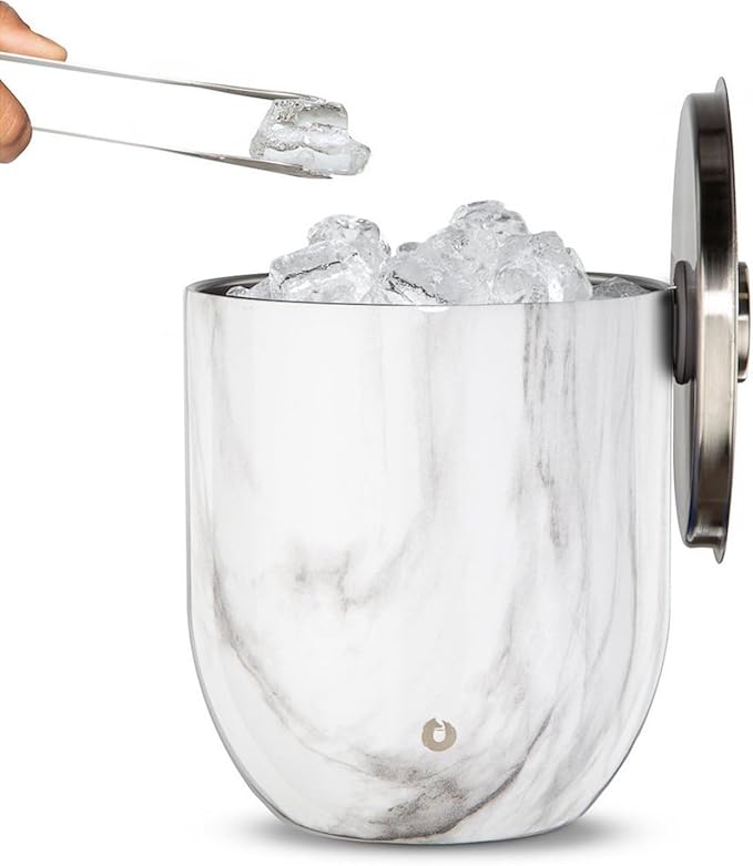 SNOWFOX Premium Vacuum Insulated Stainless Steel Ice Bucket with Lid/Tongs, Non-Rubber Bottom, Home Bar Accessories, Bartending Ice Buckets for Parties, Outdoor Entertaining Supplies, 3L, Marble