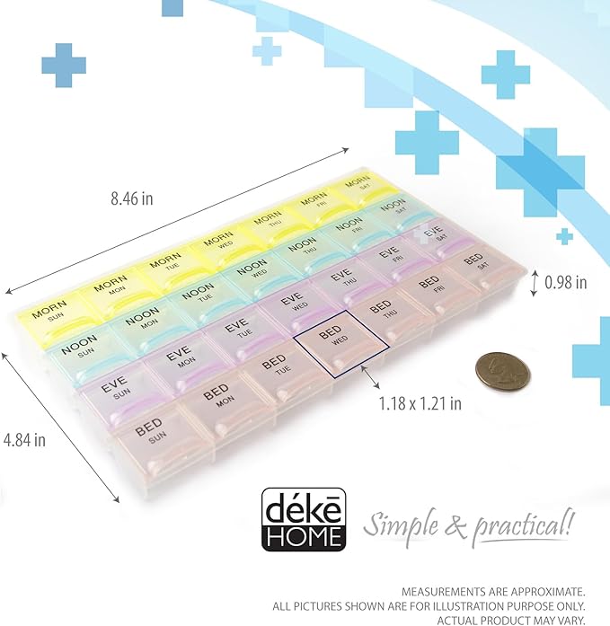 Deke Home - Pill Organizer 4 Times a Day, Weekly Medicine Box with Morning, Noon, Evening, Bed Compartments, Large, Translucent, Easy-to-Open Pill Case, 7-Day Travel Medication Organizer for Vitamins.