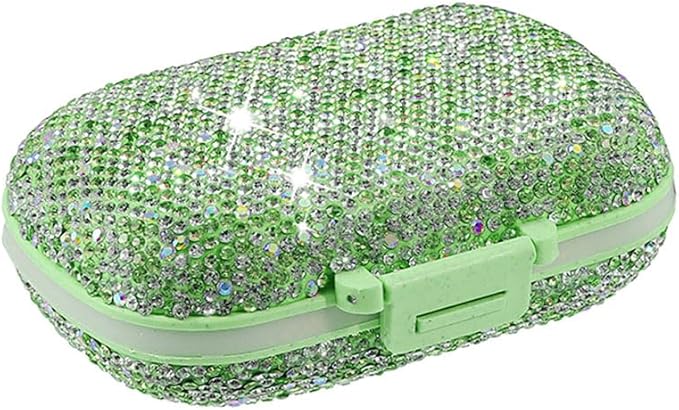 Daily 6 Compartments Pill Box Container Bling Diamond for Purse Medicine Container Holder for Women Travel Kit Medicine (AB Green)