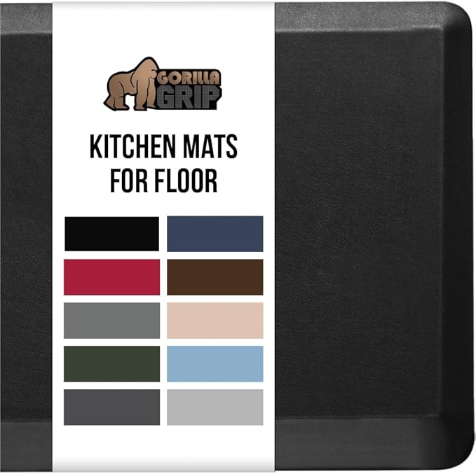 GORILLA GRIP Comfortable Cushioned Kitchen Mats for Floor, 58x20, Waterproof and Stain Resistant Soft Top, 3/4 Inch Thick Ergonomic Standing Desk Anti Fatigue Mat, Foam Supports Ankles and Feet, Black