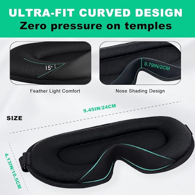 3D Sleep Mask for Side Sleepers, Blackout & Zero Pressure - Breathable Memory Foam, Adjustable Strap - for Travel, Yoga & Meditation Black