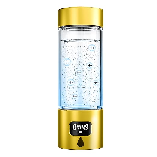 Hydrogen Water Bottle - Portable Rechargeable Water Bottle with LED Timer, Aluminum and Glass, 5000 PPB Hydrogen Production, Gift for Husband Wife Father Friend Client (Gold, 11.6Oz)
