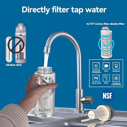 ALTHY Alkaline Water Filter Bottle, Up to PH 9.5, Added Minerals & Electrolytes, Composite Alkalize & Filtration System, BPA Free 500ml, Includes 3 Filter, Replaces 1200 Plastic Alkaline Water Bottles