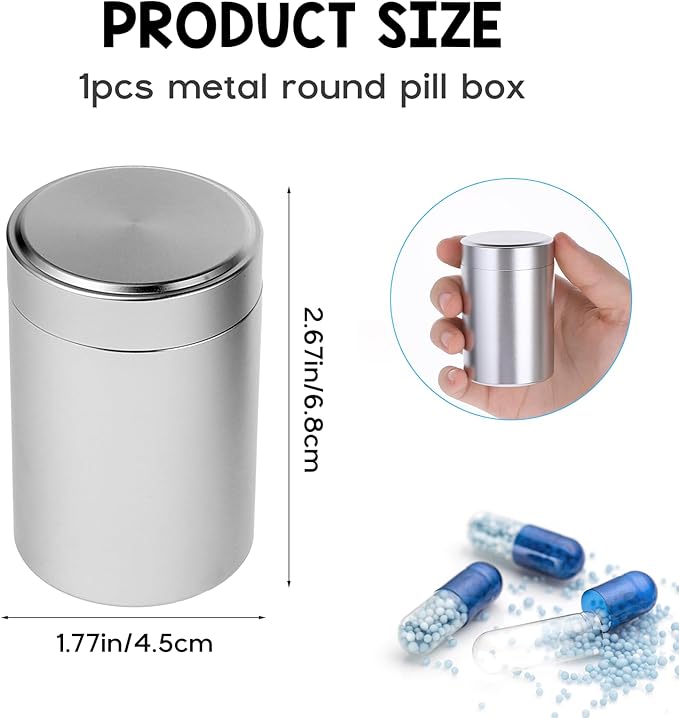Portable Metal Small Pill Case, Round Aluminium Alloy Pill Holder Pocket Small Pill Box Waterproof Medicine Organizer Bottle Container for Travel Outdoor Vitamin Fish Oils(Silver)