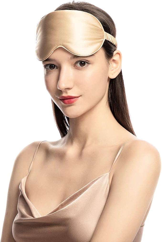 Mulberry Natural Silk Sleep Mask for Women & Men with Elastic Strap, Super Soft Sleeping Eye Mask, Size M, (Champagne)