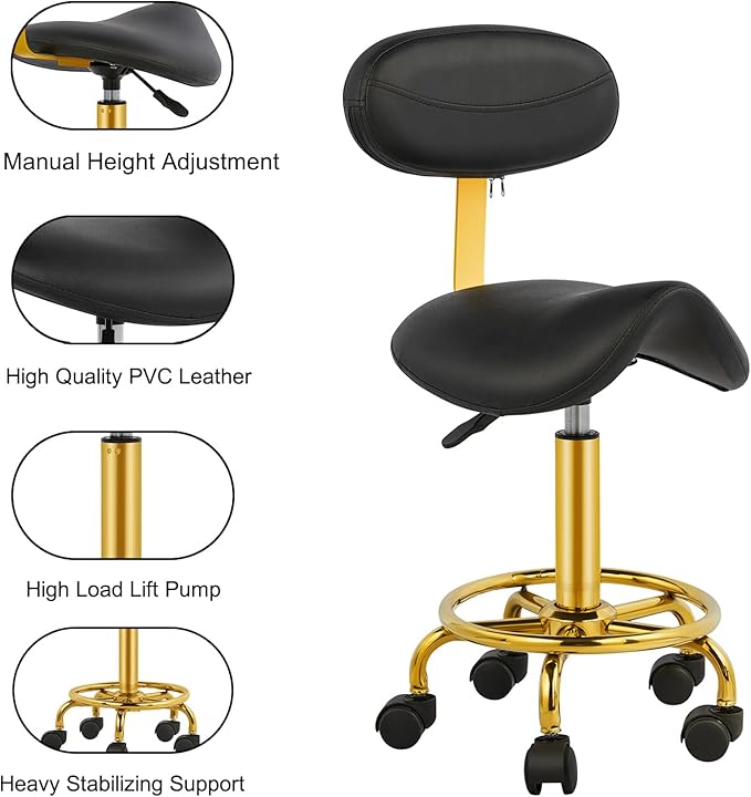Saddle Rolling Chair Saddle Stool with Backrest Ergonomic Stool with Wheels Hydraulic Adjustable Soft Comfortable Cushion for Salon Tattoo Shop Spa Home Office Dentist Black