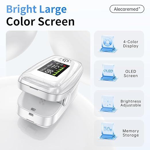 YM504 Pulse Oximeter, 4 Color TFT-OLED 20 × Memory Oxygen Monitor Fingertip, Blood Oxygen Saturation Monitor with Alarm, Batteries and Lanyard (White)