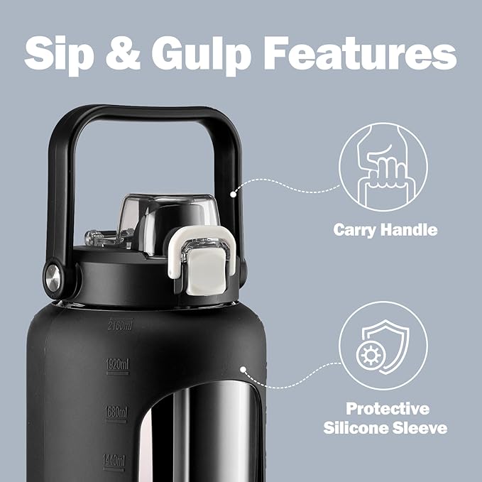 72oz Glass Water Bottle with 2-IN-1 Straw &Chug Lid, Large Motivational Glass Bottle with Capacity Marker and Silicone Sleeve, 2.1Liter Gallon Water Jug for Home, Sports, Gym, BPA Free-Black