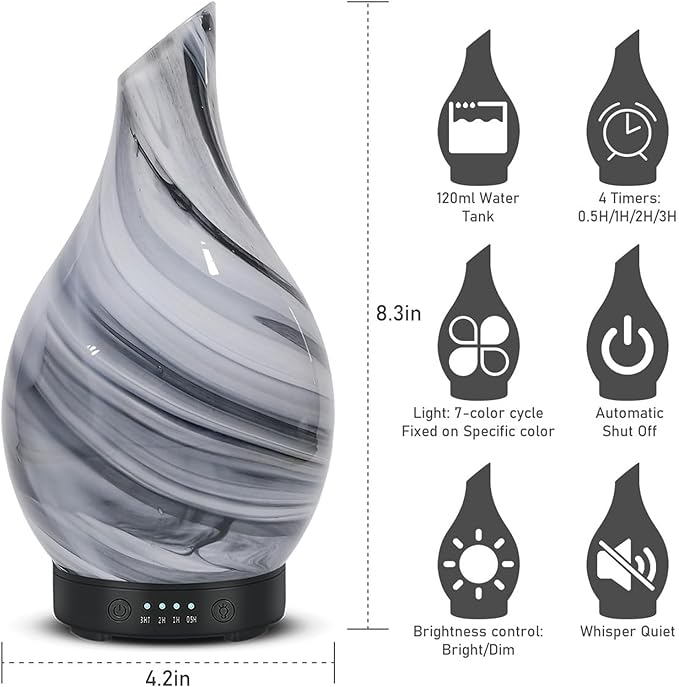 Essential Oil Diffuser Aromatherapy Diffuser - Art Glass Oil Diffuser with Auto Shut-Off Protection 4 Timer Setting 7 Colors Changed LED Night Light for Home Office Decor Gift (Diffuser&Oils Set)
