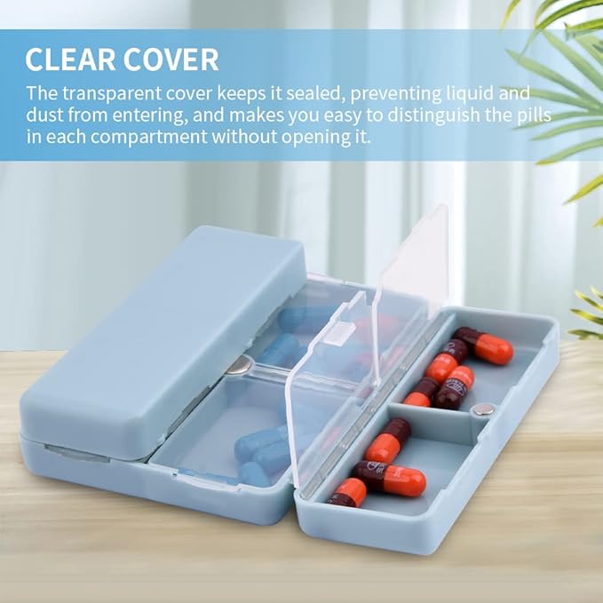 Xiaokeis 2 Pcs Pill Organizer, Travel Pill Organizer, Pocket Pharmacy with 7 Compartments Design, Magnetic Travel Pill Box Pill Dispenser, Portable Medicine Vitamin Holder Container(Blue+Green)