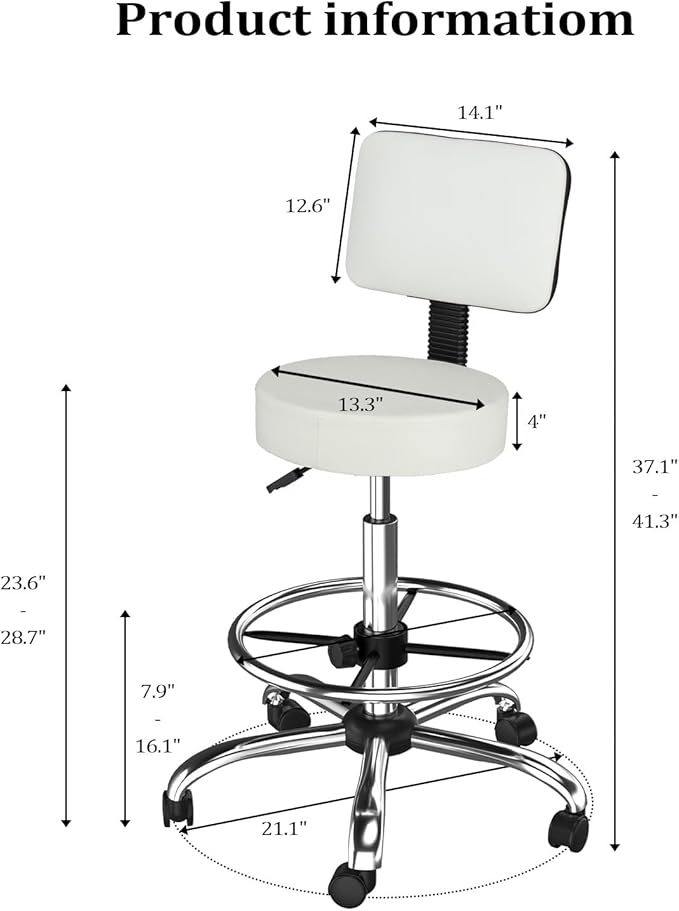 OmySalon Drafting Chair,Ergonomic Office Desk Chair with Back Support,Tall Adjustable Rolling Stool with Footrest & Thick Seat Cushion,Computer Chair for Salon Medical Spa Home Bar Kitchen, White