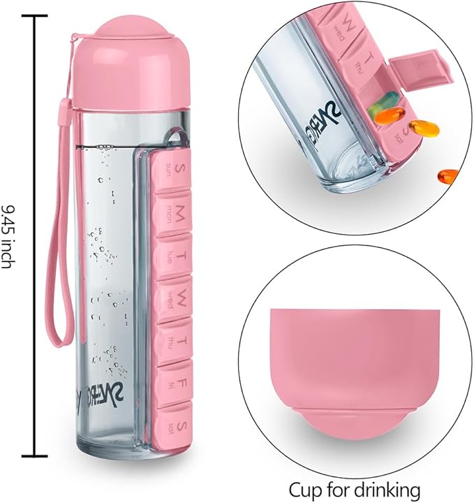 Synergy Water Bottle & Pill Organizer - Travel Storage Container for Water, Juice, Vitamins - Portable 7-Day Pillbox - for Outdoor, Gym, Travel - Easy Carry Strap - BPA Free Plastic - 400ml (Pink)