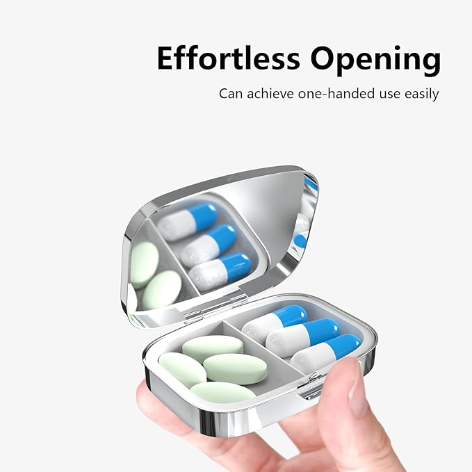Pill Box-2 Compartment Small Pill Case Portable for Pocket & Purse Single Pill Carrier Pill Container to Hold Vitamins Medication Fish Oil and Supplements BPA-Free(Hand Painted Tiles)