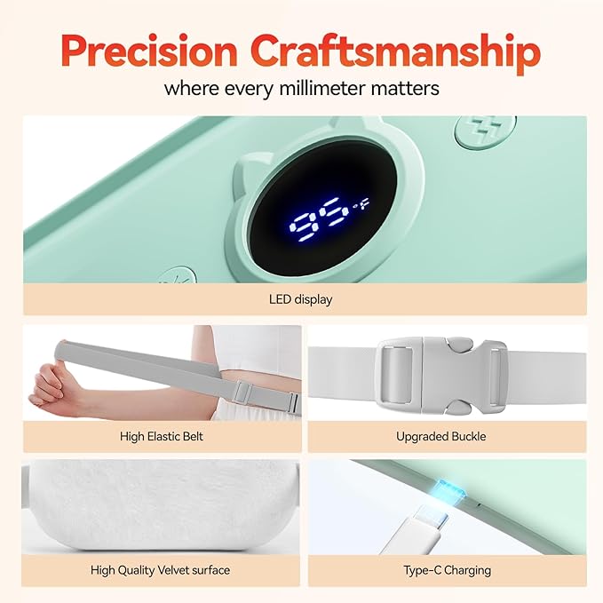 Portable Heating Pad for Period Cramps Relief Vibrating Menstrual Heating Belt for Women, 5000mAh with 7 Heat Levels and 7 Modes for Menstrual, Pain Relief for Back & Stomach - Green