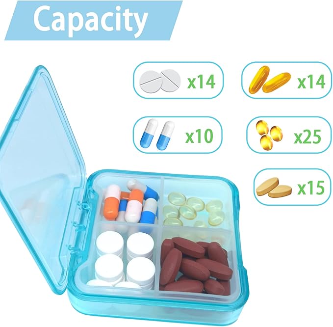 Pill Case for Pocket Travel Pill Organizer Small Pill Box Portable 4 Compartments Removable Medicine Organizer for Vitamin Fish Oil (Sky Blue)