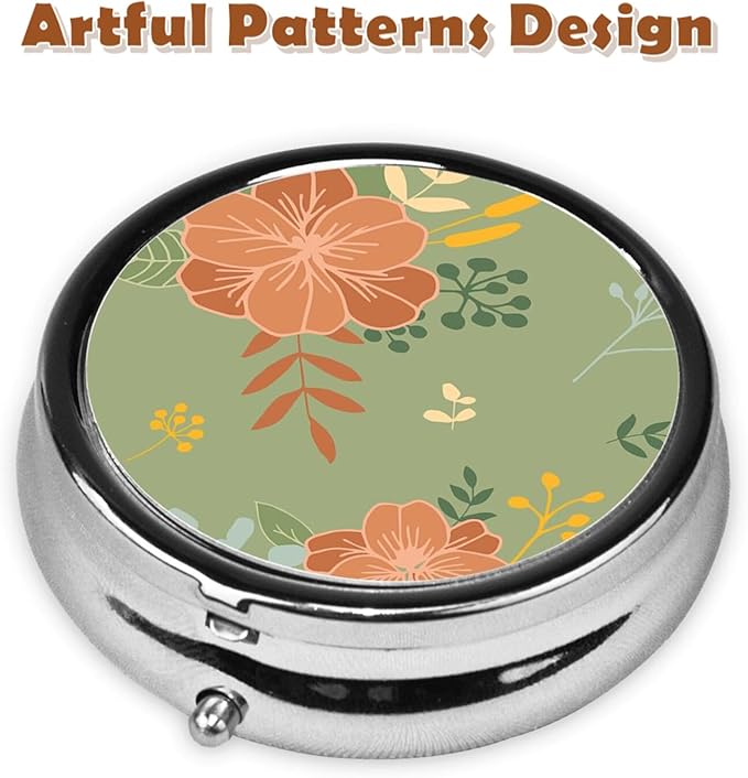 Metal Pill Organizer - 3-Compartment Mini Round Pill Case for Pocket & Purse, Portable Vitamin Holder, Easy-Open Design for Travel - Orange Blossoms Flowers