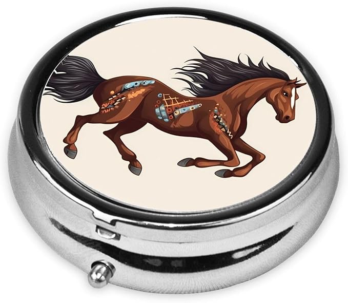 Brown Horse Pill Box 3 Compartment Round Portable Pill Case for Pocket or Purse Pill Holder Weekly Pill Organizer Decorative Metal Medicine Vitamin Organizer Travel Gift