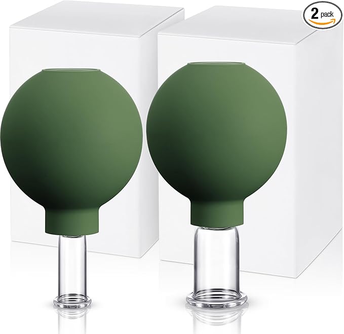 Nuanchu 2 Pieces Glass Cupping Set, Facial Cupping Cups Glass Silicone Cups Vacuum Suction for Face Skin Back Shoulder Muscle(1 Inch and 0.65 Inch Diameter,Army Green)