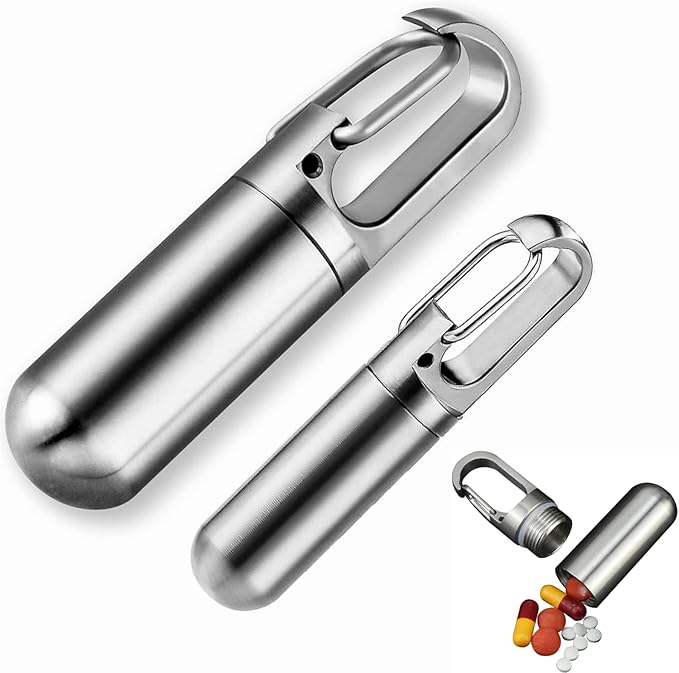 Stainless Steel Pill Box Keychain, Protable Pill Box Keychain Medicine Case Bottle, Waterproof Metal Pocket Pill Holder Medicine Bottle for Outdoor Camping Travel (S+L)