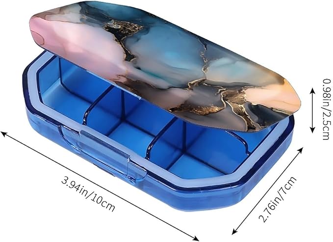 This Portable Abstract Marble Pattern 6 Compartment Pill Box Can Be Placed in A Pocket Or Wallet to Store Vitamins, Medicines Health Supplements Other Medications.