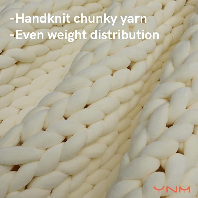 YnM Velvet Weighted Blanket, Handmade Chunky Knitted Design, Soft and Cozy, Temperature Regulating and Breathable, Machine Washable Throw for Sleep or Home Decor (Cream, 50x60 Inch, 10lbs)