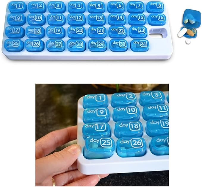 Pill Pod Organizer with Zippered Travel Case 31 Day Monthly Pill Organizer Pods - Keep a Months Supply of medications, Vitamins & Supplements Ready to go in The Travel Case (Blue Organizer with Case)