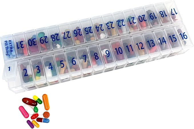 XL Once-a Day Monthly Pill Organizer Removable Lid for Easy Filling, Extra Large Compartments for 31 Days Plus Compartment for Extra Pills, BPA Free (Clear, XL - 1 Count (Pack of 1))