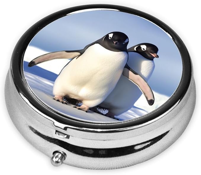 Pill Box Cute Penguin Round Pill Case 3 Compartment for Purse Cute Metal Pill Organizer Portable Travel Pillbox Mini Small Pill Container Holder to Hold Vitamins Fish Oil Supplements