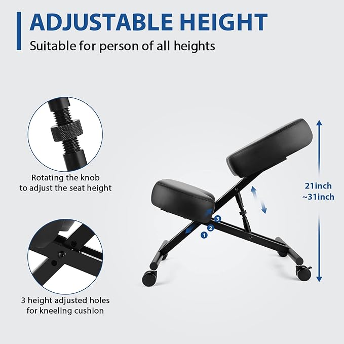 Kneeling Chair Ergonomic for Office, Height Adjustable Stool for Home and Office - Improve Your Posture with an Angled Seat - Thick Moulded Foam Cushions - Brake and Smooth Gliding Casters