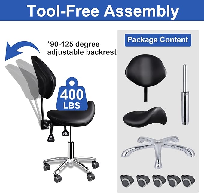 Upgrade Saddle Stool with Back Support, 400lbs Adjustable Salon with Wheels, Wide Thick Seat Padding, Ergonomic Esthetician Seat for Home Office Salon Shop Dentist Clinic, for People 5 Ft To6 Ft Tall