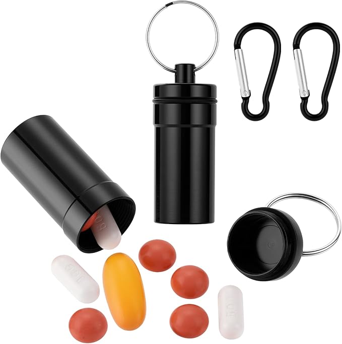 Keychain Pill Holder for Nitroglycerin, 2 Pack Mini Waterproof Portable Travel Purse Pocket Pill Case, Keychain Fob Container for 25ct Nitro/Nitroglycerin Bottle (Black + Black)
