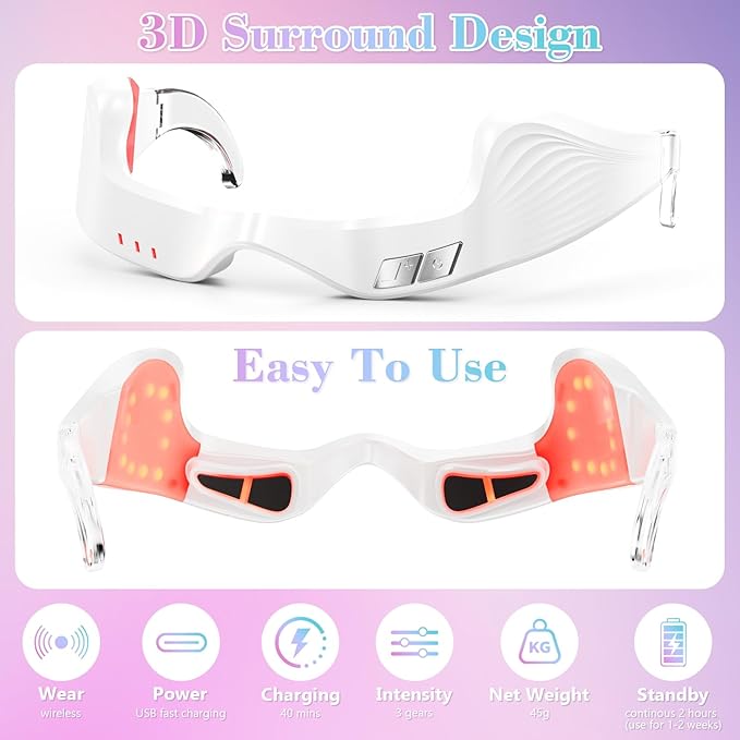 Under Eye Red Light Therapy Device, Red Light Therapy Glasses,Red 650 NM,Red Light Eye Mask for The Treatment of Eye Bags,Dark Circles,Puffiness periorbital for Treating Acne (White）