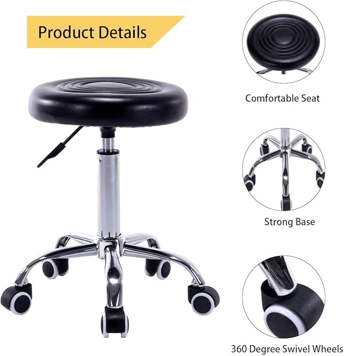 PU Leather Round Rolling Stool with Foot Rest Swivel Height Adjustment Medical Spa Drafting Salon Tattoo Work Office Massage Stools Task Chair,Seat Height:18.9”-22.83”/Weight Capacity:220lb (Black)