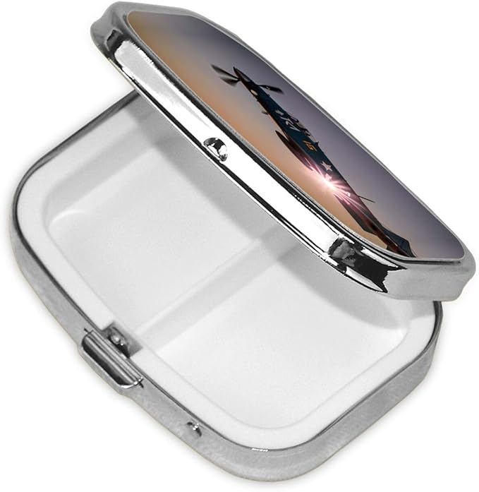 Square Pill Box 2 Compartment Medicine Pill Case World War Aircraft Airplane Pill Box for Purse Pocket Waterproof Metal Pill Container Portable Pill Holder Mini Pill Organizer for Travel or Daily