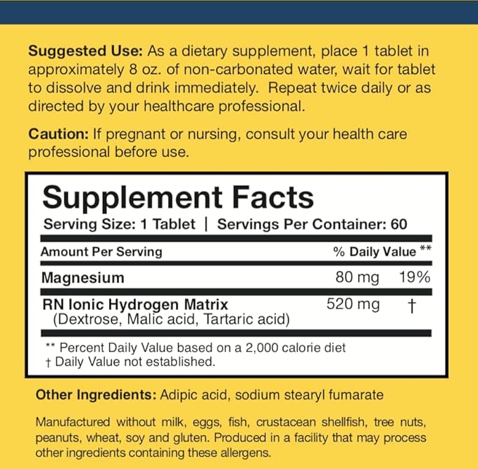 Researched Nutritionals H2 Absorb Molecular Hydrogen Tablets - Instant Hydrogenated Water & Antioxidant Supplement - Rejuvenating Drink to Promote Energy & Healthy Aging (60 Tablets)