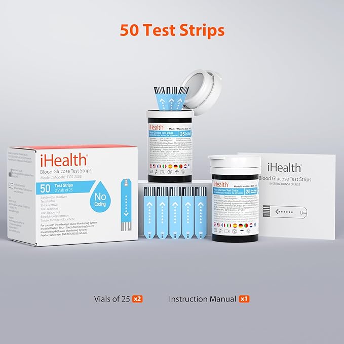 iHealth Blood Glucose Test Strips (50 Count), No Coding Blood Sugar Test, Precision Sugar Measurement for Diabetics, Strips Work Only in iHealth Glucose Meters