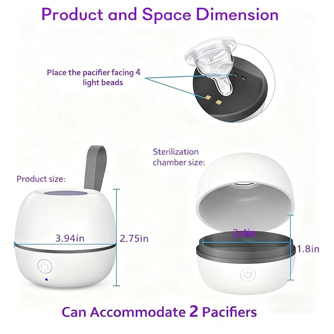 Portable Pacifier Sterilizer Box, USB Rechargeable Sterilize Case, 3-Minute High Efficiency Cleaning for Baby Pacifiers On The Go