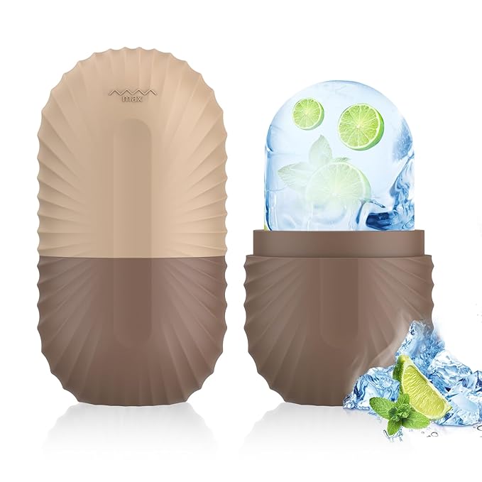 Ice Roller for Face and Eye, Silicone Ice Facial Roller Ice Holder, Face Ice Mold Skin Care, Face Icers Reusable Ice Cube Roller for Shrink Pores Anti Wrinkle Reduce Puffiness, Brown