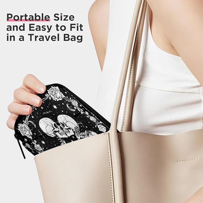 Black Romantic Skull Pill Case Travel Pill Organizer Weekly 7 Day Portable with Zipper Medicine Box Pill Case for Vitamins, Birth Control,Fish Oils,Medication, Supplements