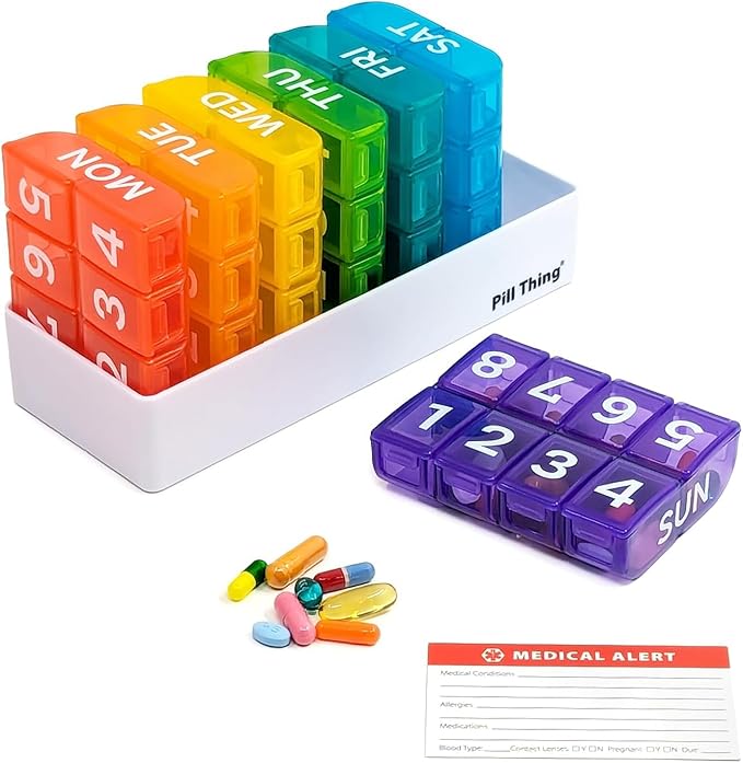 6 Times a Day, 7 Day Large Weekly Pill Organizer with Holder Tray, Vitamin, Medicine Box, Multicolor with Medical Alert Card (8X a Day - 2 Pack)