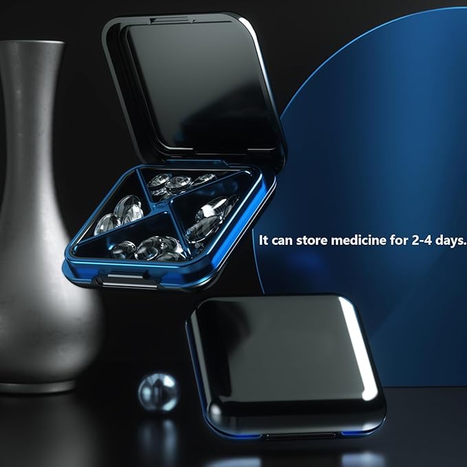 Small Pill Box Waterproof Travel Pill Case Portable Daily Pill Container Pill Holder for Purse 4 Compartments Pocket Compact Medicine Organizer for Vitamin,Fish Oils,Supplements,Medication